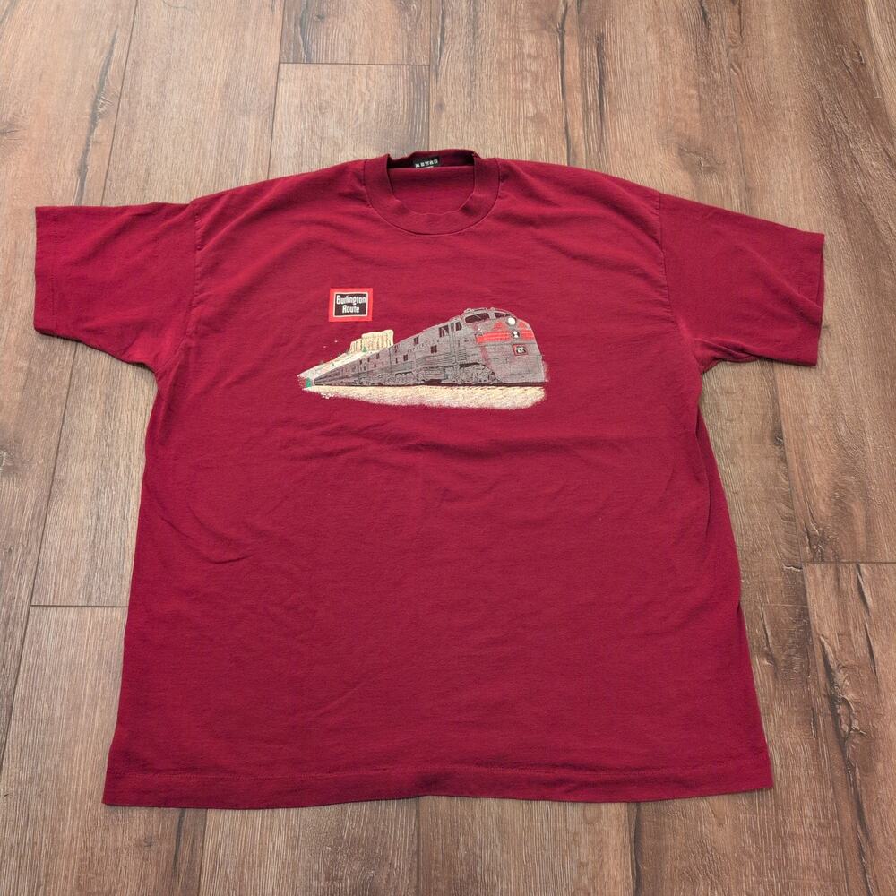 VTG Burlington Route Train‎ Railroad Adult XXL Shirt Sante Fe Maroon Burgundy